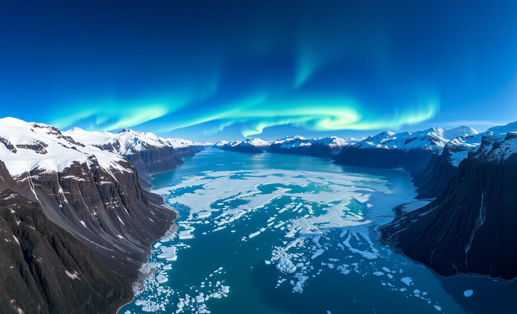 Breathtaking Greenland landscape with fjords and northern lights