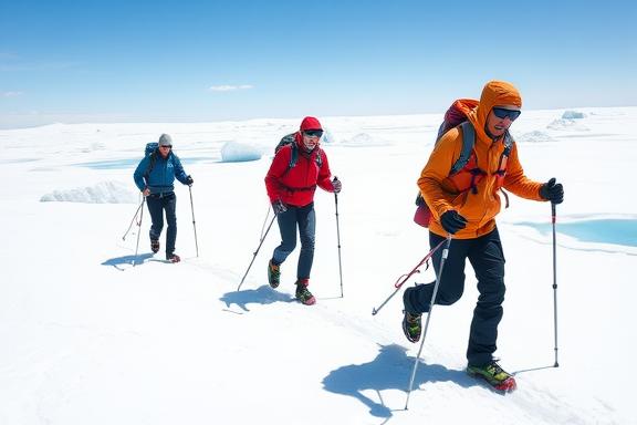 Hikers traversing the Greenland Ice Sheet with specialized equipment