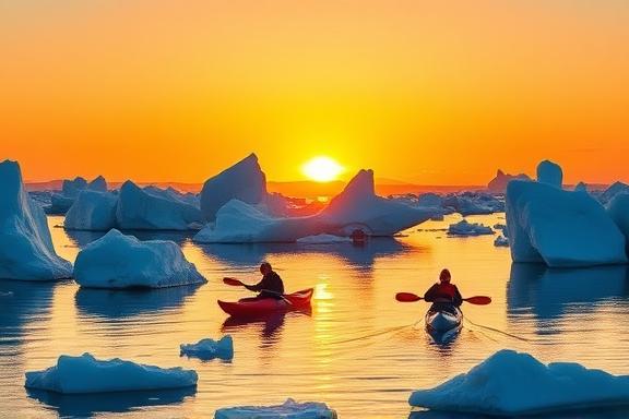 Kayaking among icebergs during midnight sun in Greenland